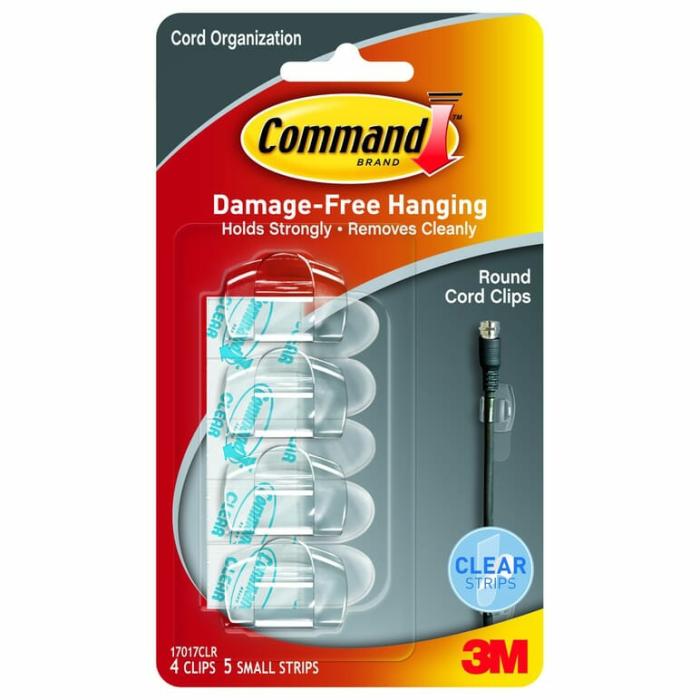 Command, Adhesive, Cord Clips, Holds Cord Diameter Up To 1/2In, Clear, 4Pk