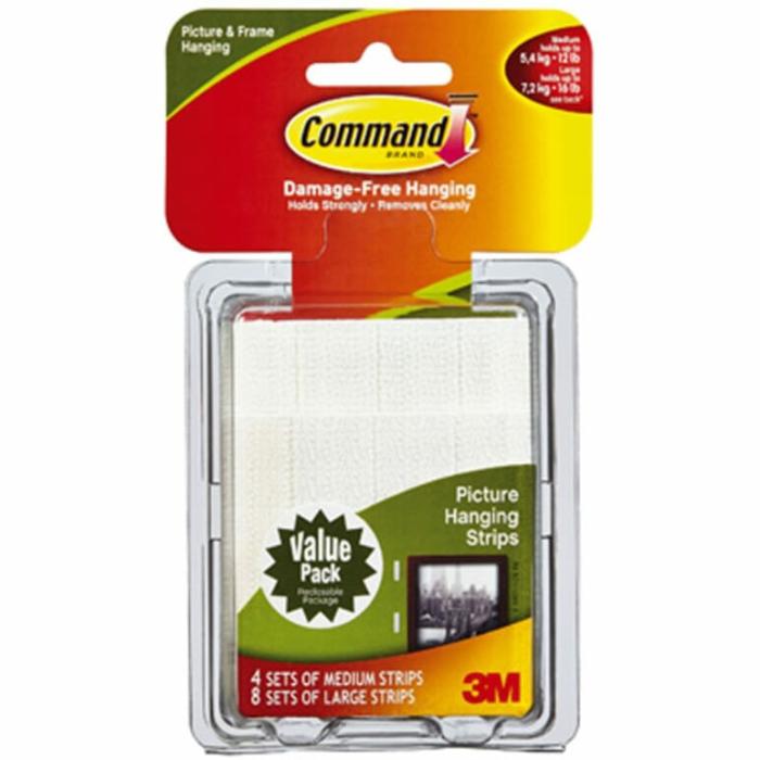 Command, Adhesive, Mounting Strips, 12-16Lb Safe Working Load, White, 24Pk