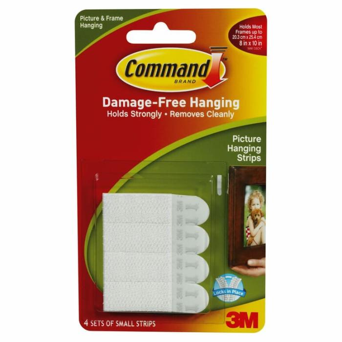 Command, Adhesive, Mounting Strips, 1Lb Safe Working Load, White, 4Pk