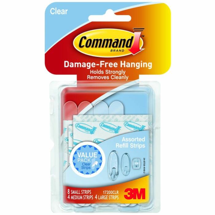 Command, Adhesive, Refill Strips, 1/2-4Lb Safe Working Load, Clear, Astd, 16Pk