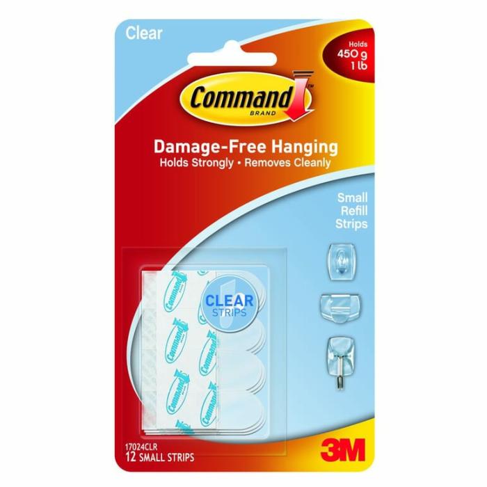 Command, Adhesive, Refill Strips, 1Lb Safe Working Load, Clear, Small, 12Pk