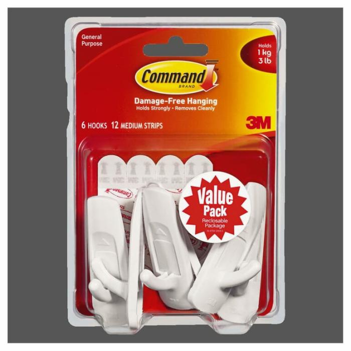 Command, Adhesive, Wall Hook, Classic, 3Lb Safe Working Load, White, 6Pk