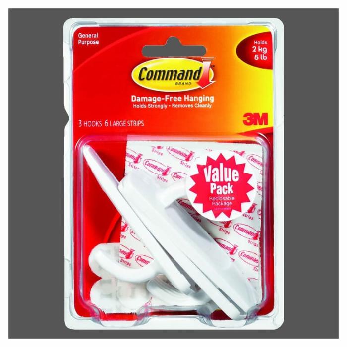 Command, Adhesive, Wall Hook, Plastic, 5Lb Safe Working Load, White, Large, 3Pk