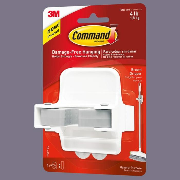 Command, Plastic, Broom Gripper, 4Lb Safe Working Load, White, 1Pk