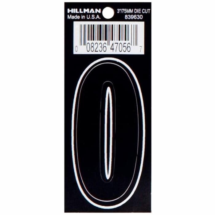 Die Cut Vinyl, Numbers, Self Adhesive, 0, Non-Reflective, Black, 3In, 1Pk