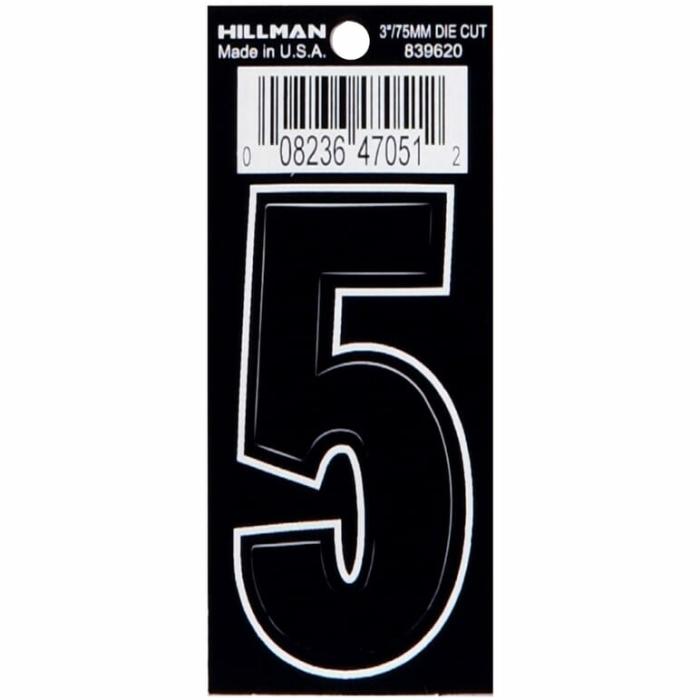 Die Cut Vinyl, Numbers, Self Adhesive, 5, Non-Reflective, Black, 3In, 1Pk