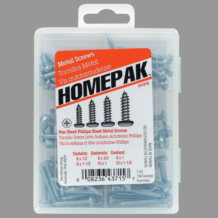 Homepak, Pan Head Sheet Metal, Screw Kit, Steel, Astd, 1Pk