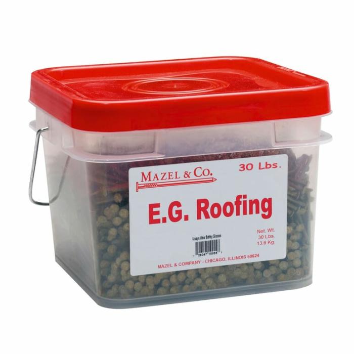 Large Flat Head, Roofing Nails, Diamond Point, Electro-Galvanized, 11 Gauge, 2In, 30Lb