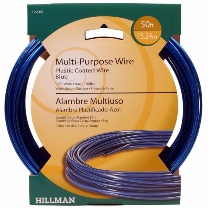 Plastic Coated Galvanized Steel, Guy Wire, 19 Gauge, 100Lb Safe Working Load, Blue, 50Ft, 1Pk