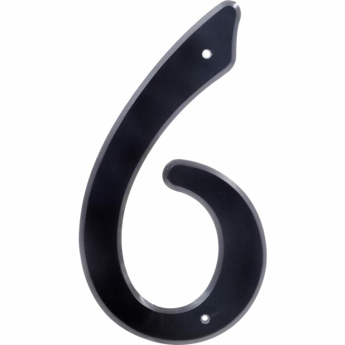 Plastic, Numbers, 6, With Mounting Hardware, Black, 4In, 1Pk