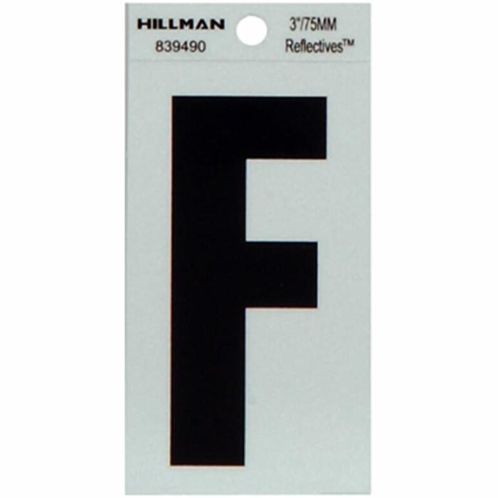 Reflectives, Mylar, Letters, Reflective, Self Adhesive, F, Silver, Black, 3In, 1Pk