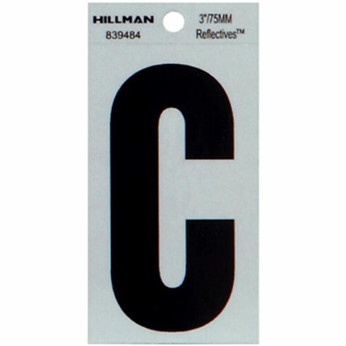 Reflectives, Mylar, Letters, Self Adhesive, C, Reflective, Silver, Black, 3In, 1Pk