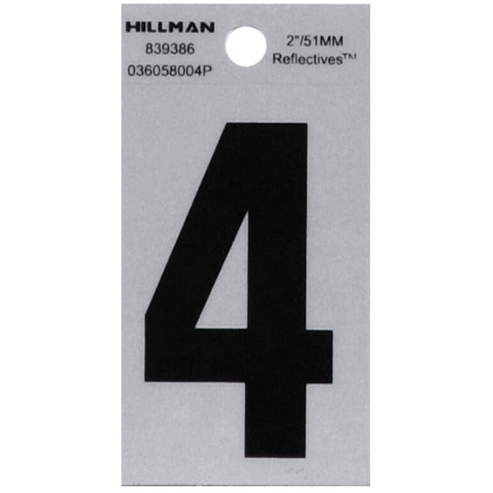 Reflectives, Mylar, Numbers, Reflective, 4, Self Adhesive, Silver, Black, 2In, 1Pk