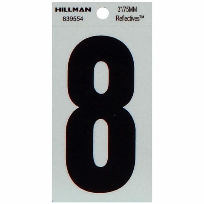 Reflectives, Mylar, Numbers, Self Adhesive, Reflective, 8, Silver, 3In, 1Pk