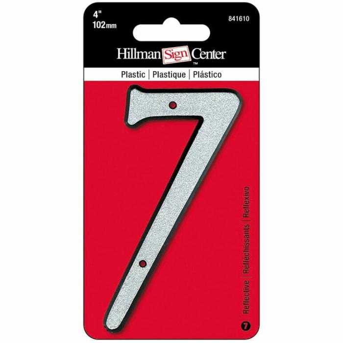 Reflectives, Plastic, Numbers, 7, With Mounting Hardware, Silver, 4In, 1Pk