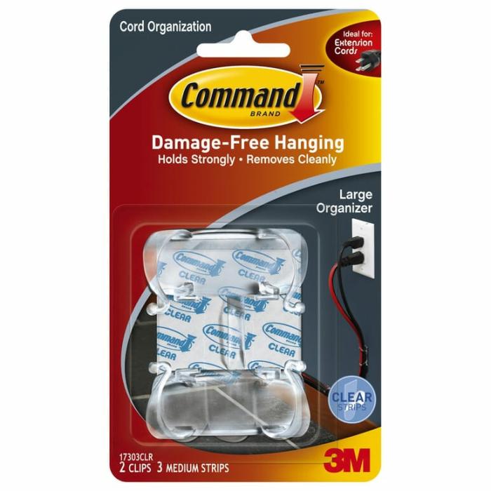 Command, Adhesive, Cord Clips, Holds Cord Diameter Up To 1/2In, Clear, 2-1/8In X 7/8In X 3/4In, 2Pk