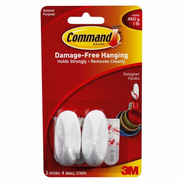 Command, Adhesive, Wall Hook, 1Lb Safe Working Load, Plastic, White, Small, 2Pk