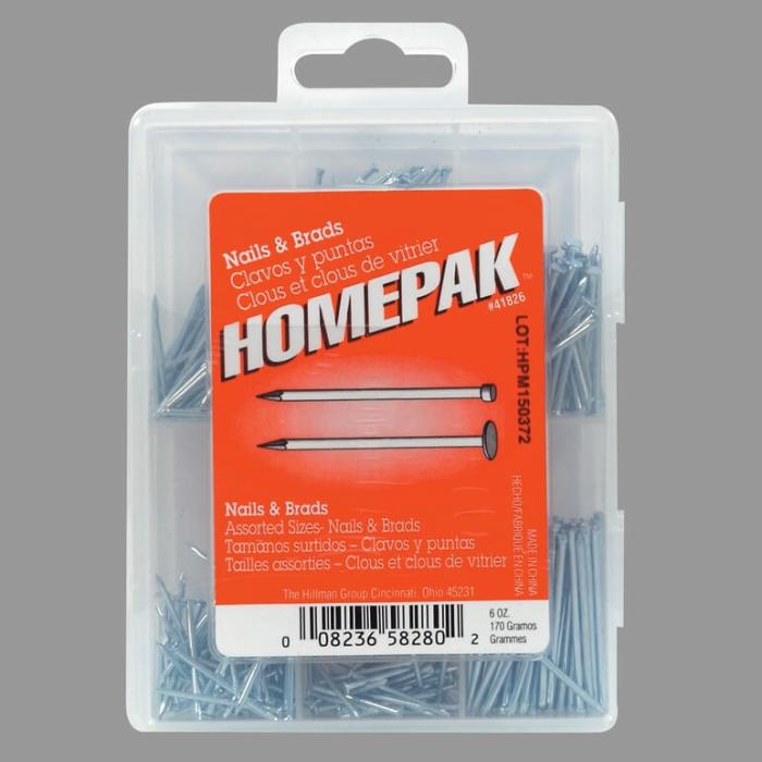 Homepak, Flat Head, Brad Nail Kit, Sharp Point, Steel, 1In, 1Pk