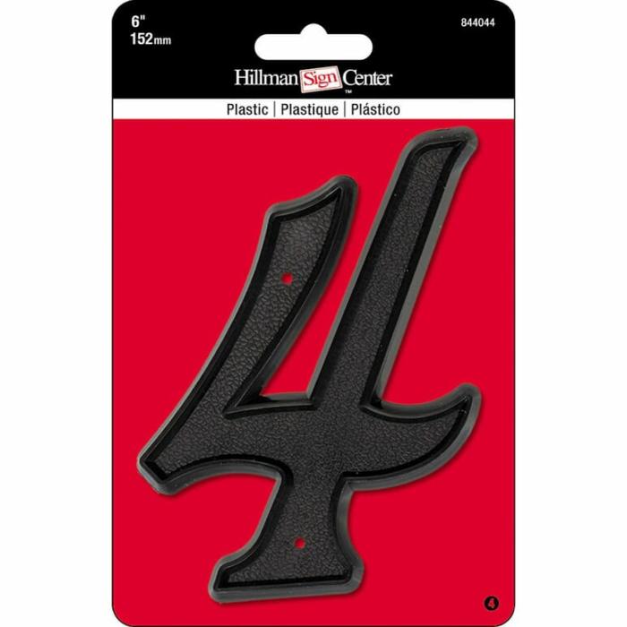 Plastic, Numbers, 4, With Mounting Hardware, Black, 6In, 1Pk