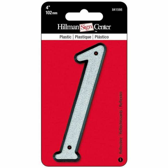 Reflectives, Plastic, Numbers, 1, With Mounting Hardware, Silver, 4In, 1Pk