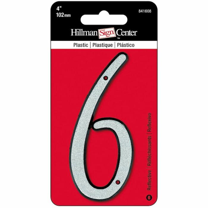 Reflectives, Plastic, Numbers, 6, With Mounting Hardware, Silver, 4In, 1Pk